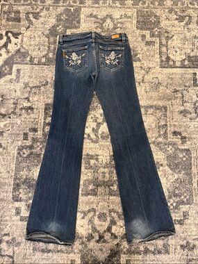 PAIGE Dark Blue Embroidered Back-Pocket Flare Jeans